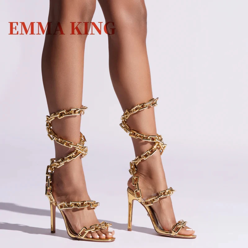 الذهب سلسلة الأشرطة النساء الصنادل عالية الكعب رقيقة الكاحل التفاف الصنادل سلسلة ربط Strappy أحذية موضة فستان الحفلات الصنادل الأحذية #2