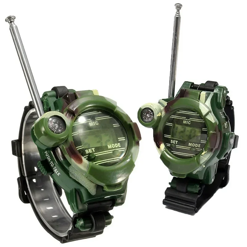 2Pcs Multi-functional Two Way Radio Toy with Compass Magnifier Reflector Walkie Talkie Toys Children Military Style Wrist Watch