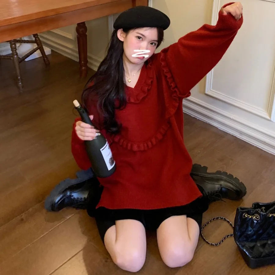 Damen Chic V-Ne Pullover Loose Fit Thiened Overhead Soft Herbst Winter Faion Korean Sle Retro Wood ain