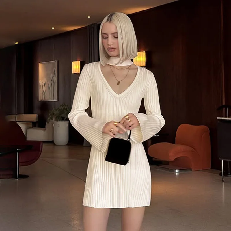 

Ticketsx Elegant V-neck Long Sleeve Knit Mini Dress Solid Scarf Bibbon Patchwork Slim Dress Autumn Birthday Date Ladies Dress