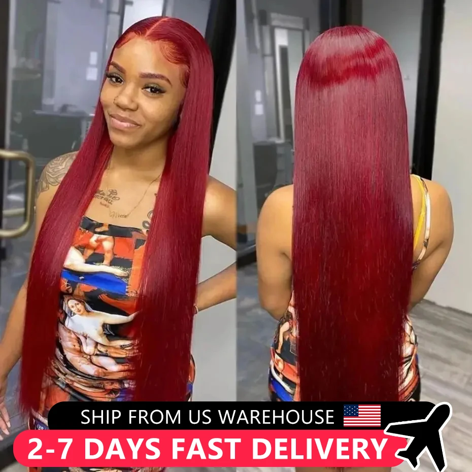 Bone Straight 99J Burgundy Red Colored New Glueless Wig 13x4 Lace Frontal Wig Human Hair 13x6 Lace Front Wig Transparent Pre-Cut