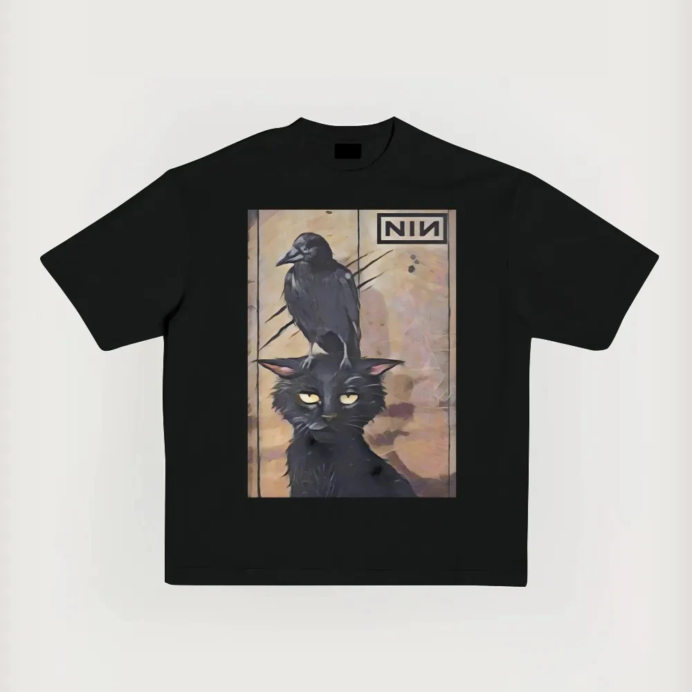 Crow and Cat and Industrial Rock Band Classic T-shirt, Oversized Printed Round Neck T-shirt