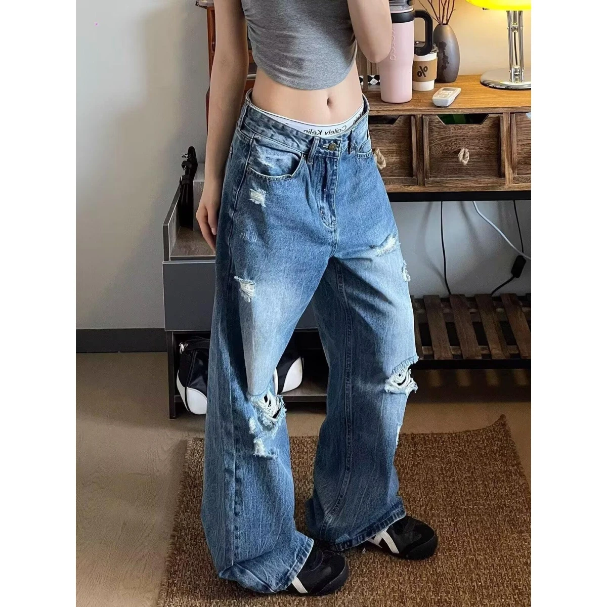 

American Style High Waist Loose Straight Leg Jeans Women's New Model Blue Washed out Torn Denim Pants Summer Casual Cotton Po...