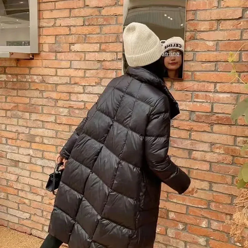 2023 Winter Long Casual Warm Down Jacket Stand-collar White Duck Down Coat Solid Fashion Zippers Women Over Knee Down Jacket