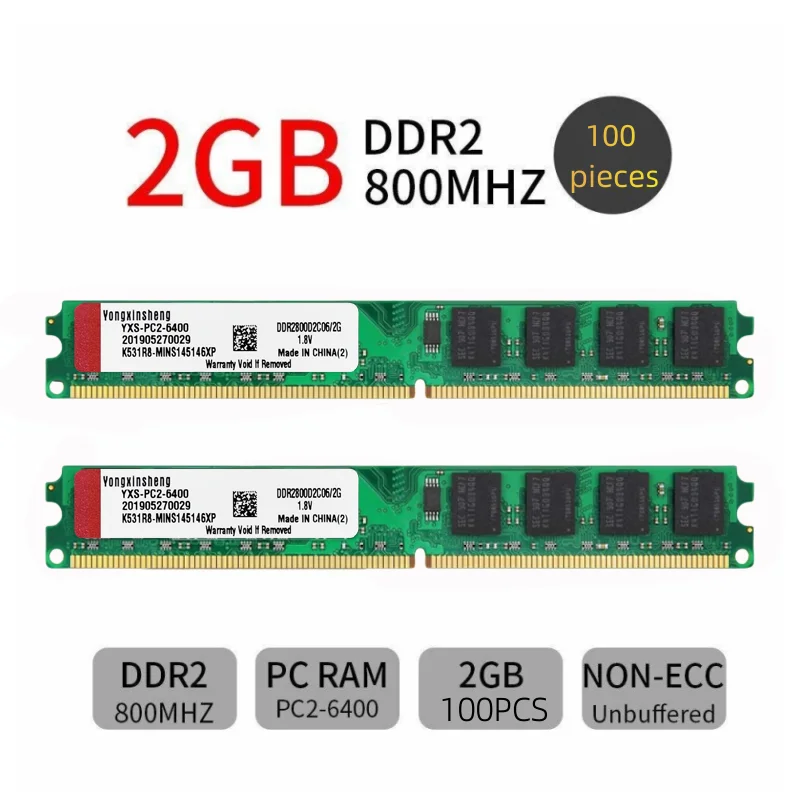 100 шт., комплект 2 ГБ Yongxinsheng PC2-6400 PC2-5300 Dimm DDR2, 800 МГц, 667 МГц, настольный компьютер, 240 контактов, 2 стороны, оперативная память, случайные чипы