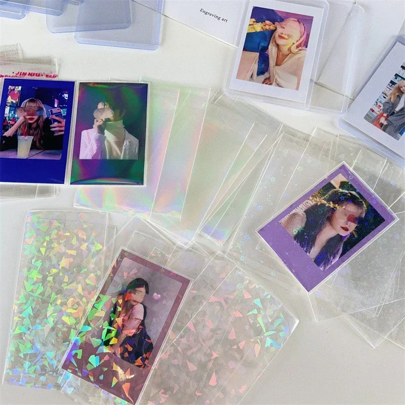 50pcs PVC Kpop Laser Clear Photo Cards Sleeves Photocard Train Ticket Holder Cover Adhesive Pocket Idol Collection Protector