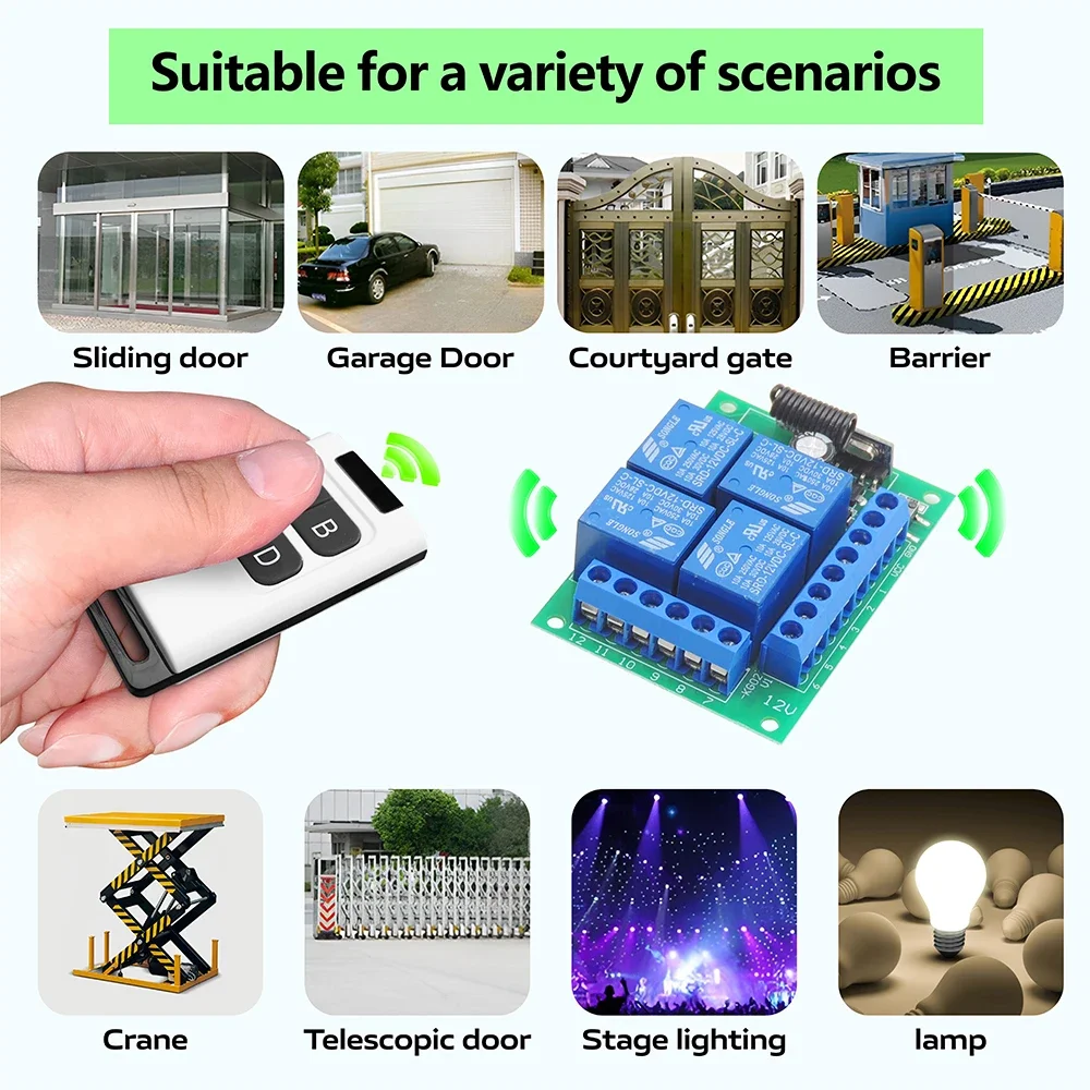 RF uniwersalny przełącznik zdalnego sterowania DC 12V 4CH 433Mhz moduł przekaźnika odbiorczego i 50m nadajnik światła/garaż/kurtyna/silnik