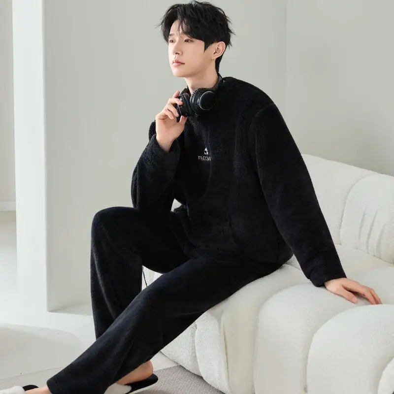 Autumn Winter Thicken Men Pajamas Set Coral Fleece Round Neck Homewear 2 Pcs Thick Shirt&pants Loungewear Sleepwear Suit