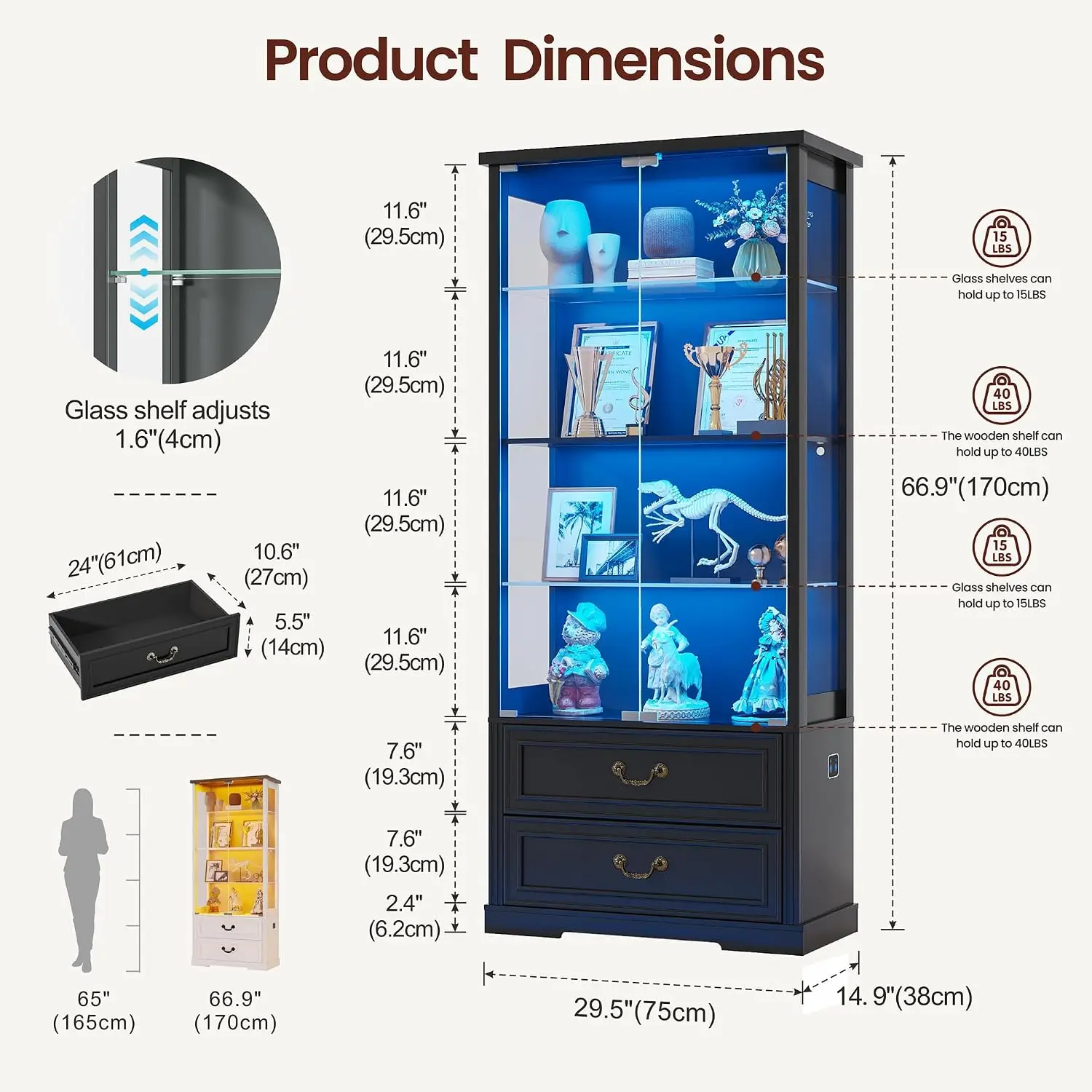 66.9 in Tall Modern Curio Display Case, Adjustable Glass Shelves, Bookcase Storage Cabinet, Human Sensor, for Collectibles