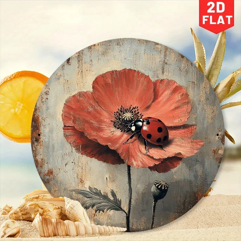 CIFBUY Vintage Rustic Ladybug Poppy Flower Aluminum Wall Art, Waterproof Durable Decor & Gift for Garden Porch Bedroom