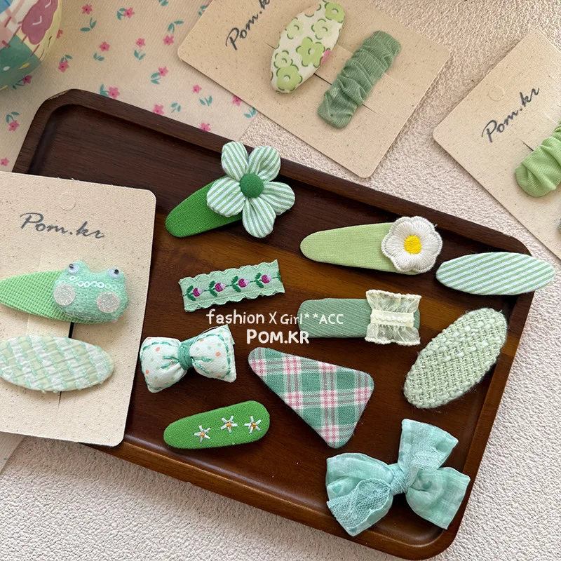 

2PC Cute Green Cotton Fabric Baby Hair Clips Floral Print Embroidery Flower Hairpin BB Barrettes Girls Kids Fashion Headwear