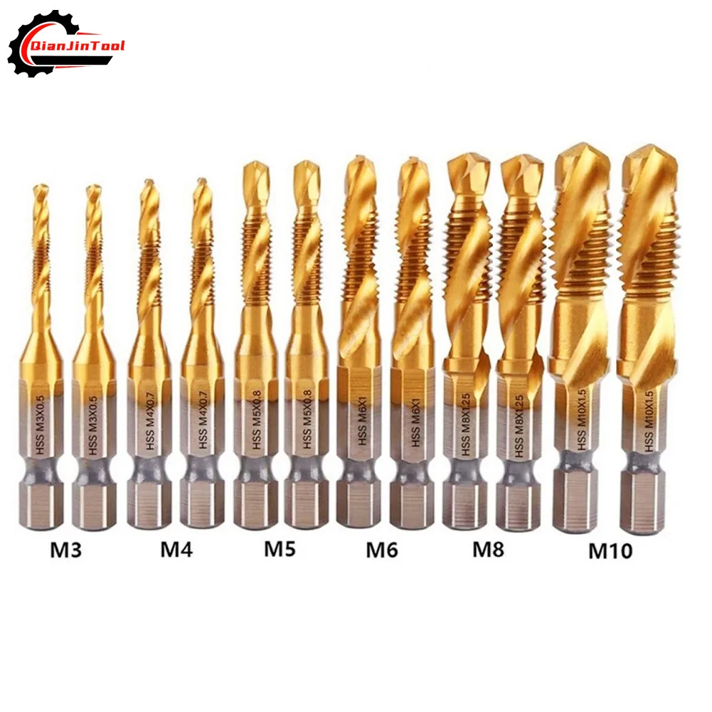 composto metric tap drill bits rosca hex shank machine titanio hss tap bit tool para metal aco madeira plastico 12 pcs 01