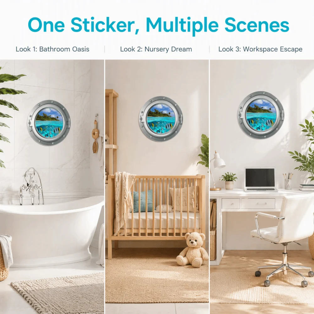 PVC Wall Decals Stickers 3D Effect Decorative Design 3D Ocean Wall Decals Porthole View Style 35x35cm Removable Wall Stickers