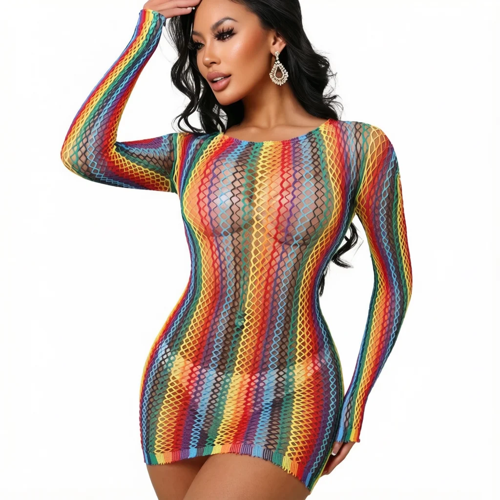 Women High Elastic Rainbow Fishnet Mesh Cover Up Dress Long Sleeve Sheer Beach Wrap Sarong Sexy Summer Party No Bikini