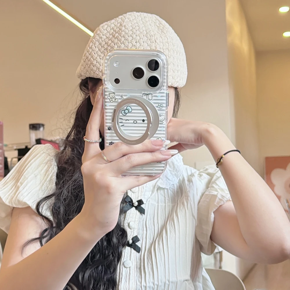 

Cute Cartoon Sanrio Hello Kitty Bow 360°Rotation Stand Phone Case For iPhone 17 16 15 14 13 Pro Max With Ring Holder Cover
