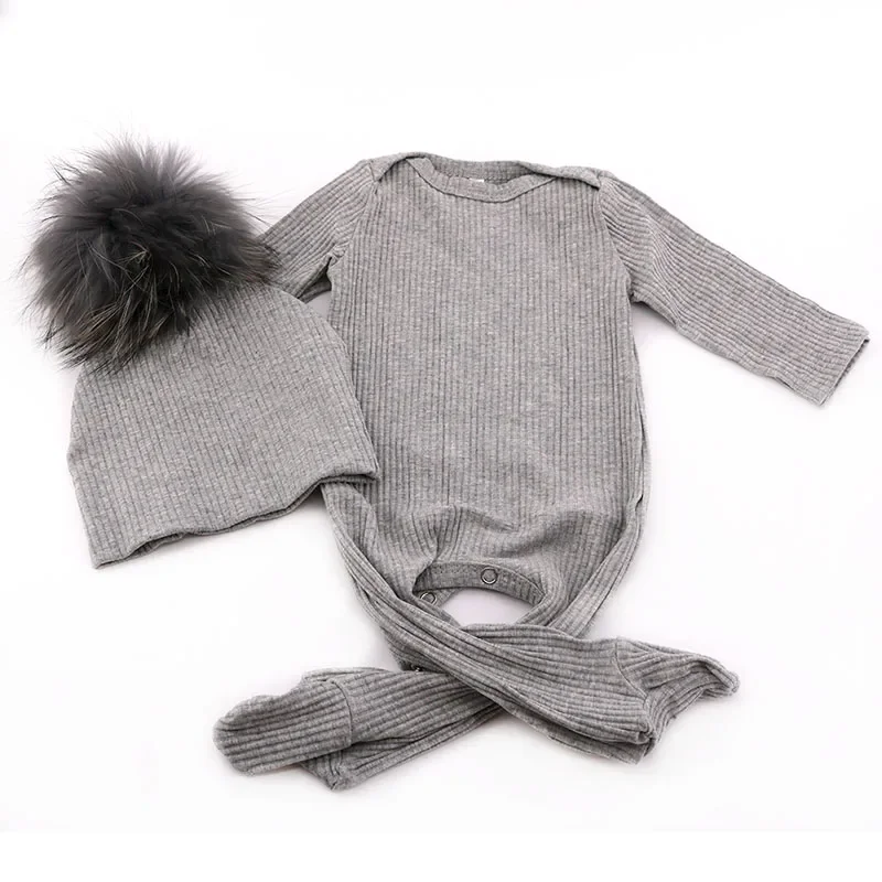 Baby Girls Real Fur pompom hat with Cotton Ribbed Bodysuits sets 0-3 month Baby Boy long sleeves Jumpsuit Outfits Clothes set