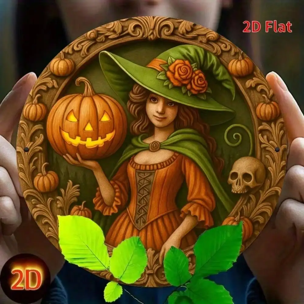 Steampunk Halloween Witch 2D Flat High Definition Metal Wall Art Vintage Beautiful Woman in Green Hat Holding Glowing Pumpkin Au