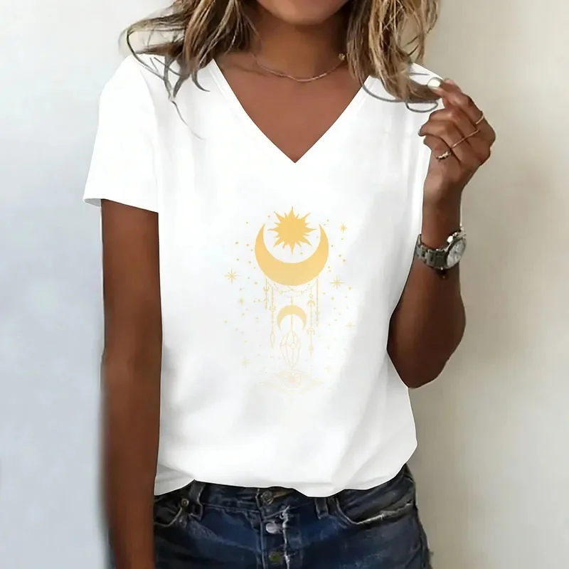Vintage V-Neck T-Shirt, Casual Y2K Style, with Star and Moon Print, Short Sleeve T-Shirt for Women