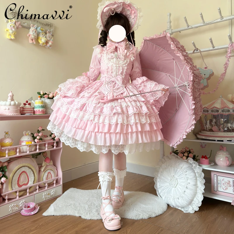 

Sweet Girls Lolita Dress Set Spring New Flower Marriage Princess Lace Bow Jsk Suspender Dress Flare Sleeve Shirt Women Outfit