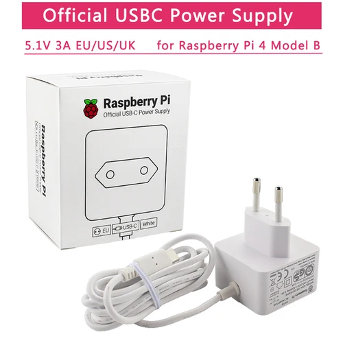 Fuente de alimentación oficial Raspberry Pi 4, cargador de 5V 3A, enchufe UE, Reino Unido y EE. UU., adaptador de corriente USB-C recomendado para Raspberry Pi 4 Modelo B