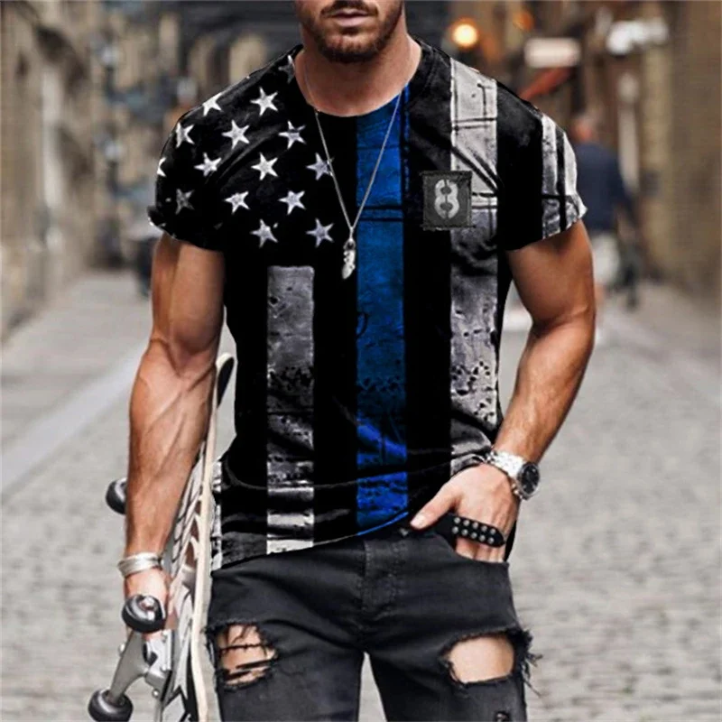 Herren Vintage Thin Blue Line American Flag Print Kurzarm-T-Shirt Lässiges O-Neck-T-Shirt für den täglichen Streetwear- und Outdoor-Alltagsoutfit
