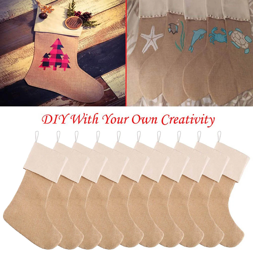 6/10 PIÈCES BRICOLAGE Bas De Noël Maison Hôtel Décor Simple Noël Lin Bonbons Sac Chaussette Ornement Décoration Festival De Noël Cadeau