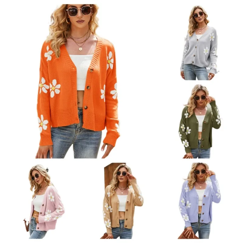 

Women's Floral Patterned Knit Cardigan with V Neck Button Closure Oversized Long Sleeve Sweater Jacket for Cute Daily Outfits