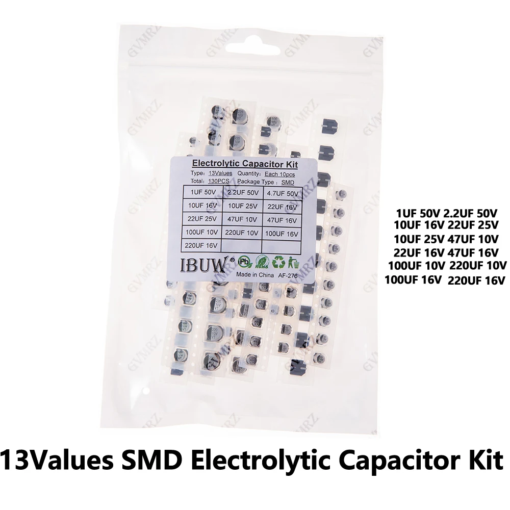 Kit de Capacitores Eletrolíticos SMD com 130 Peças e 13 Valores para Filtragem de Energia e Prototipagem Eletrônica 1UF/2.2UF 50V 100UF/220UF 10V