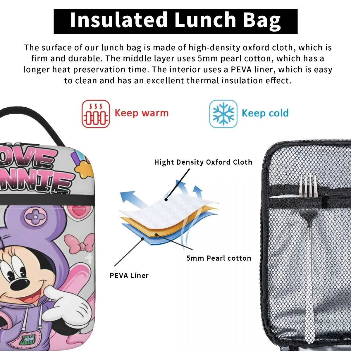 Borsa per il pranzo isolata Minnie Mouse Product Food Box Fashion Cooler Thermal Lunch Box per i viaggi