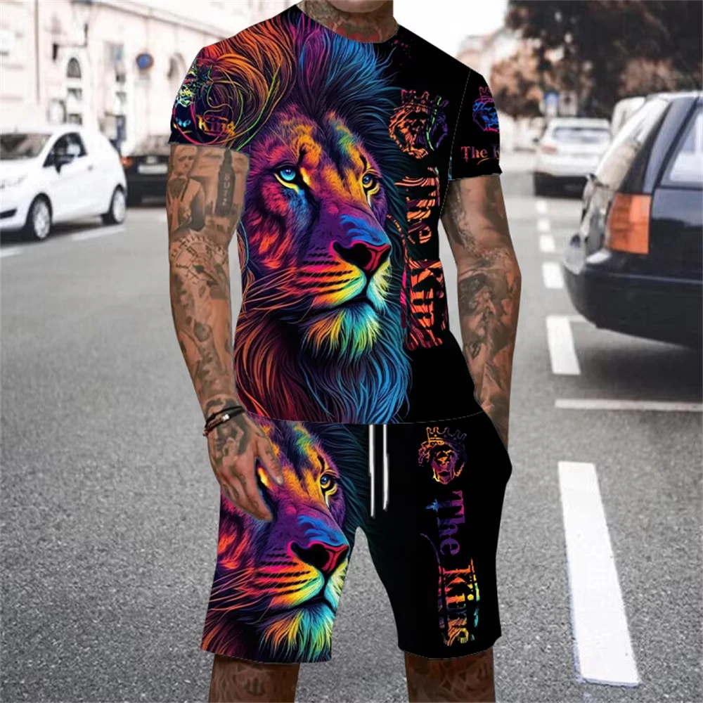 2025 New Men's Short Sleeved Shorts Set 3D Printed Lion Print Short Sleeved T-shirt Set Casual Street Wear Two-piece Set