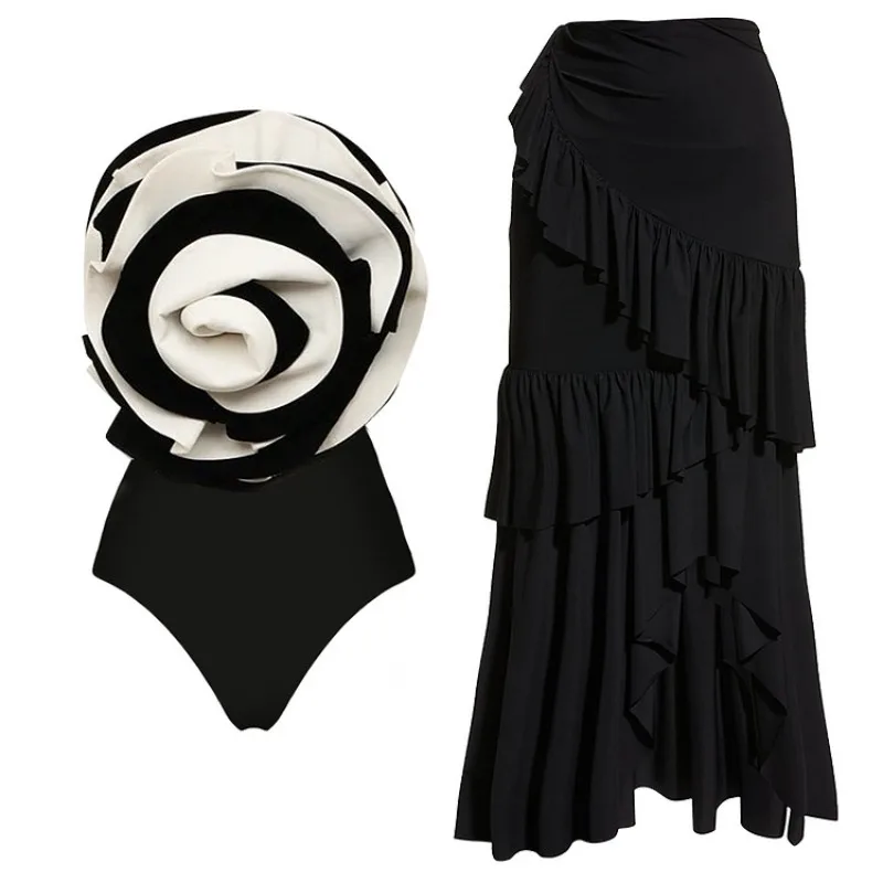 One Piece Swimsuit For Women European And American Swimwear Women's Black And White Big Flower Contrasting Color High-end Sense