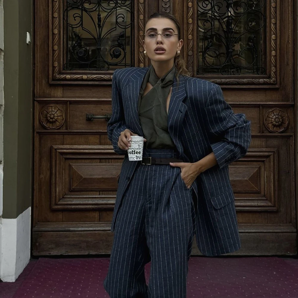 

Elegant Women's Pant Sets Linen Striped 2Piece(Jacket+Trousers)Single Breasted Notch Lapel Suit Chic Casual Business Office Wear