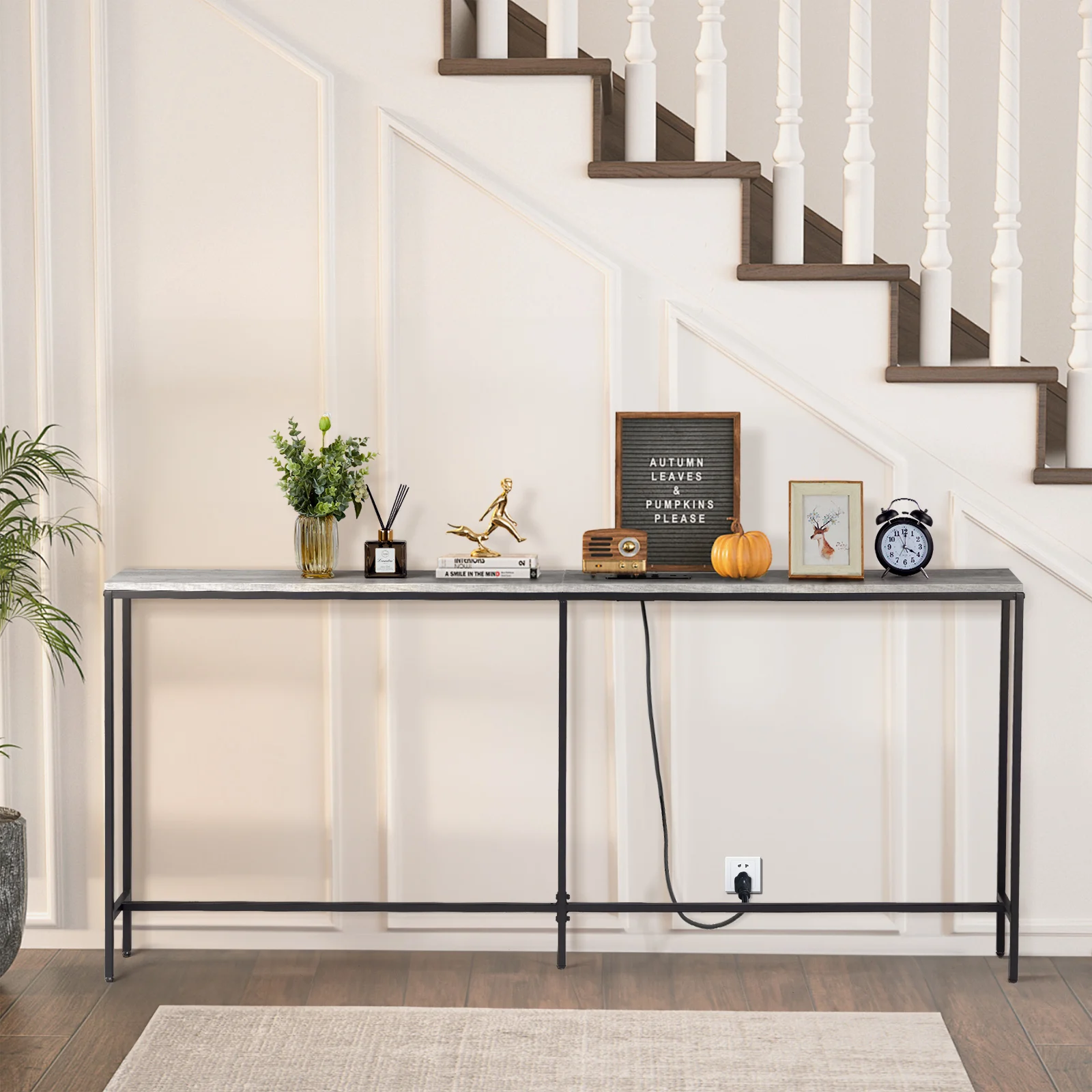 

70.9" Narrow Console Table, 2 Outlets & USBs, Rustic Gray, Fits Narrow Spaces, Sofa/Couch Table.