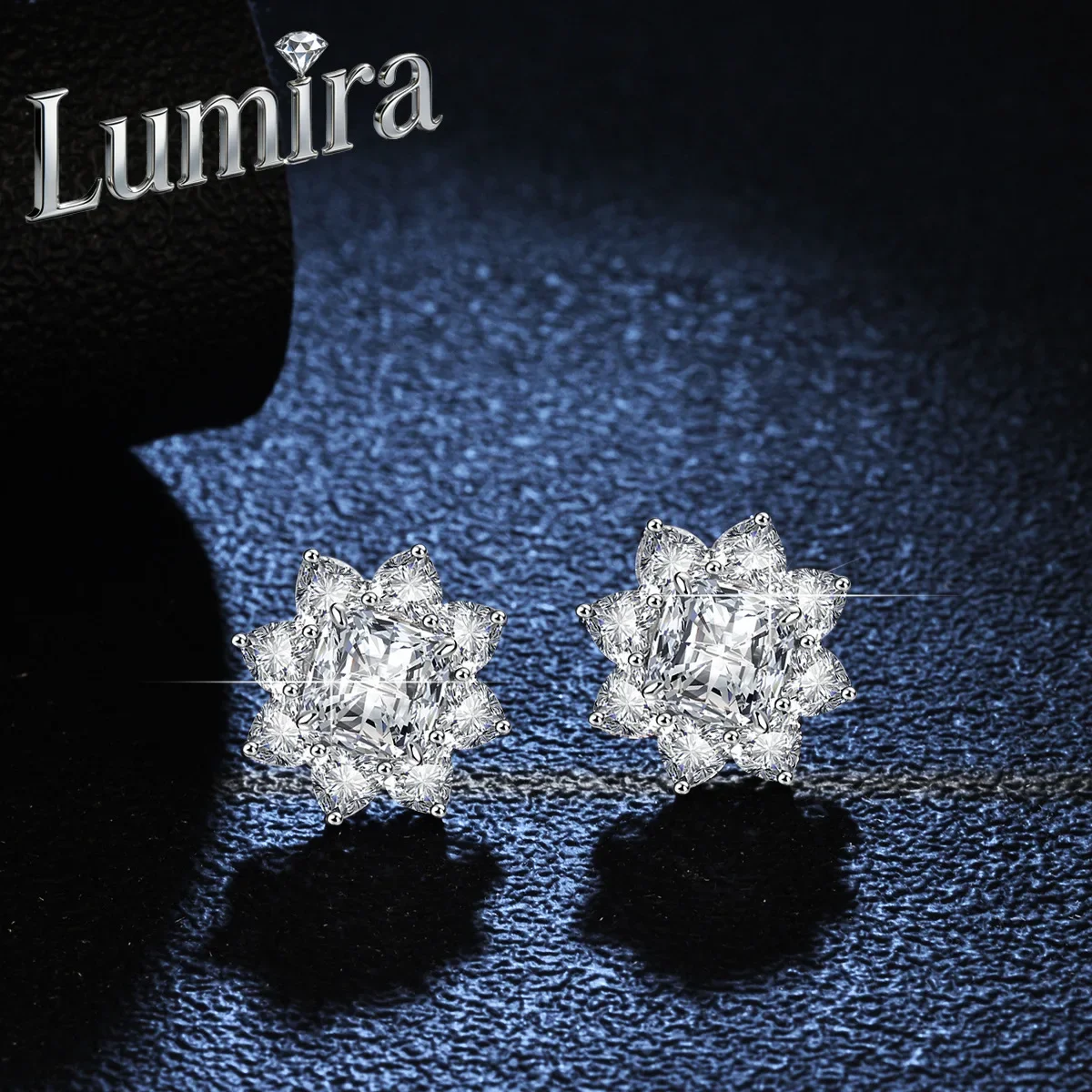 Lumira Platinum PT950 Women's Sunflower Stud Earrings 5 Carat Cushion Square Pagoda Wedding-Themed Moissanite Earrings