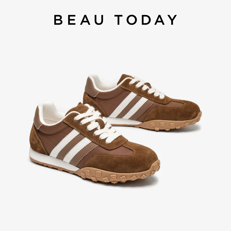 

BEAUTODAY Casual Sneakers Women Cow Suede Leather Patchwork Round Toe Non-slip Trainers Lace-Up Ladies Shoes Handmade 29868