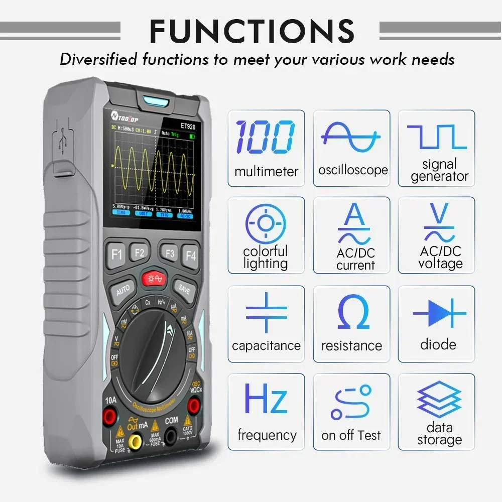 TOOLTOP ET928 3 In 1 Oscilloscope Multimeter Signal Generator 12MHz 50Msps Portable High Storage Capacity Low Power Consumption