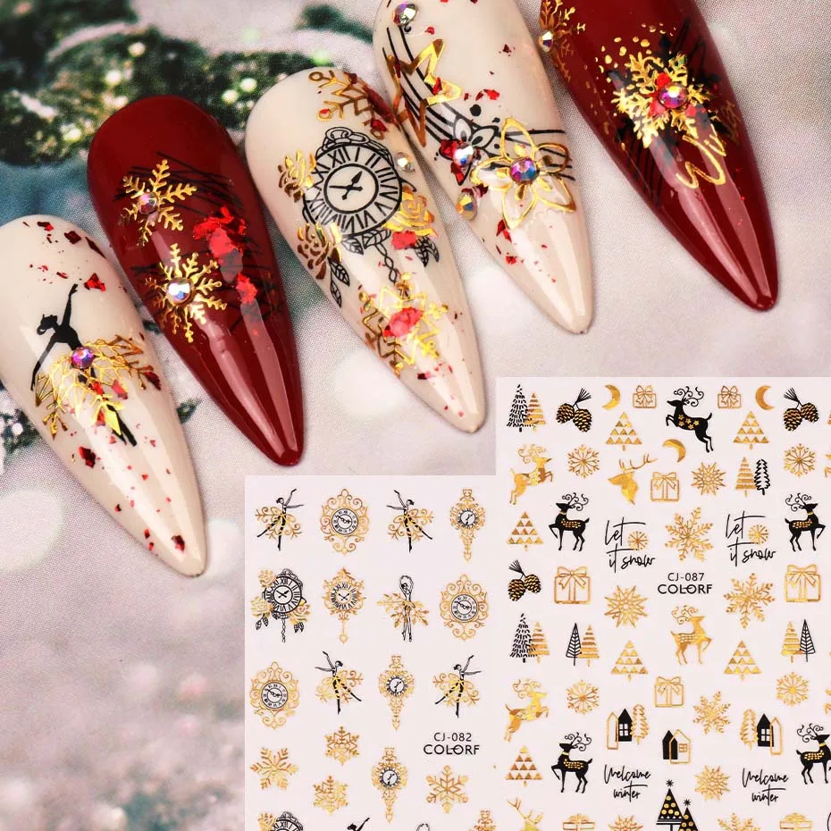 Christmas Nail Art Stickers Gold Plated Santa Claus Snow Deer Black Gold Nail Sticker Decal DIY Manicure Decals