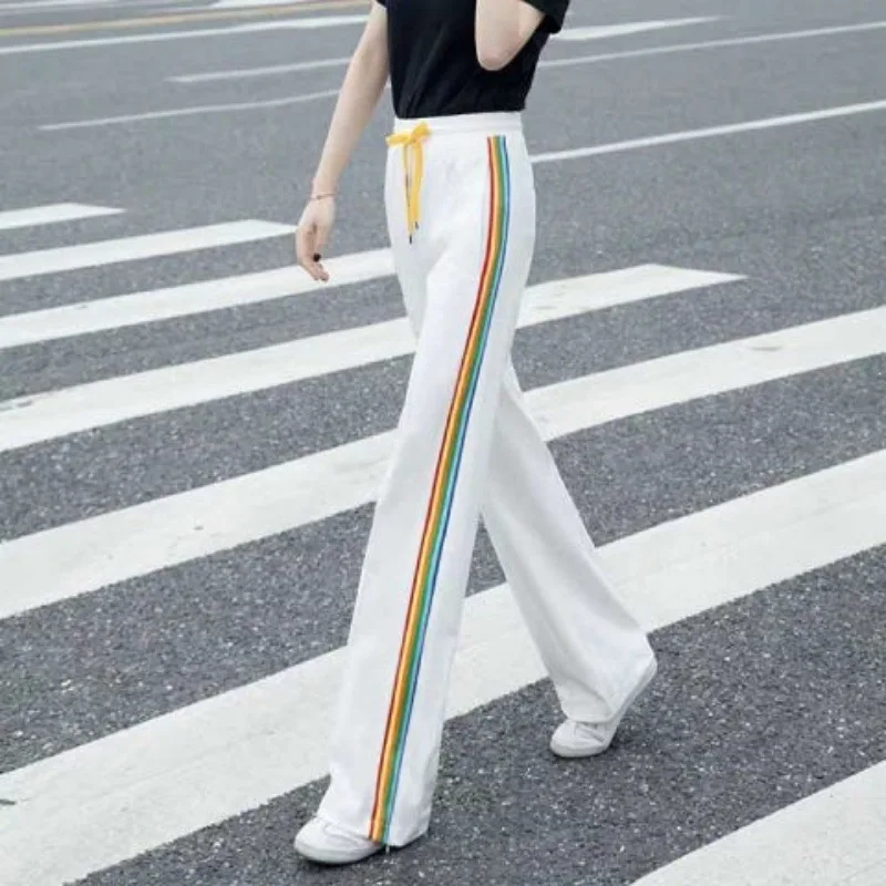White Casual Sport Running Women's Pants Striped Korean Version Straight Leg Fitness Square Dance Loose Wide Leg Draping Squa...