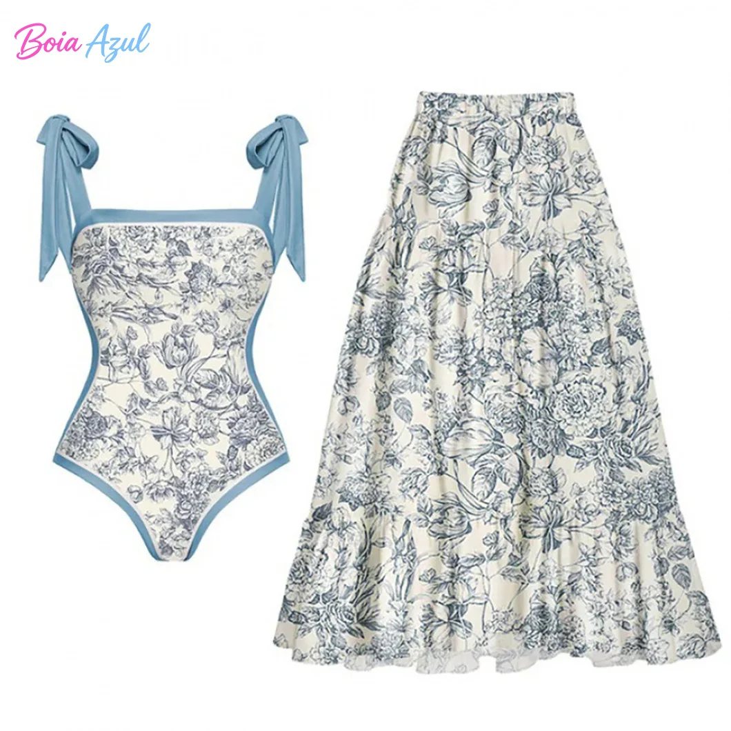 

Boia Azul floral print one-piece swimsuit double-shoulder tie-on color-block swimsuit reversible vacation swimsuit