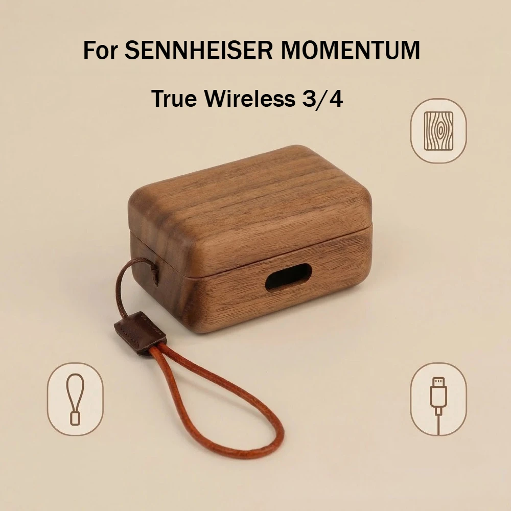 Estuche de madera maciza para auriculares SENNHEISER MOMENTUM True Wireless 4 3, funda de nogal para auriculares Bluetooth TWS3 con correa para la muñeca