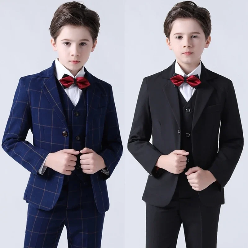 New Plaid Formal Boys Suits Outfit For Wedding Kids Blazer Pants Vest Clothing Sets Children's Dress Model Runway Piano Costume