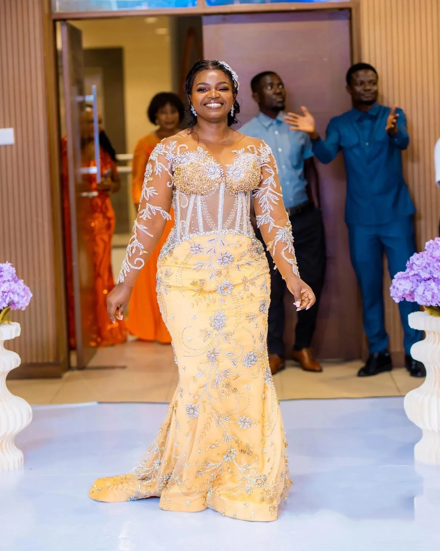 Aso Ebi  Gold Illusion Mermaid Prom Dresses Rhinestones Full Sleeves Lace Evening Formal Party Second Reception Birthday Gowns D