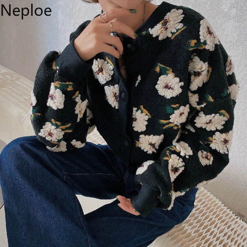 Neploe Floral Jackets Vintage Crop Puff Sleeve Jacket Women Autumn Winter Clothes Korean Fashion Coats Female Tops Outwear