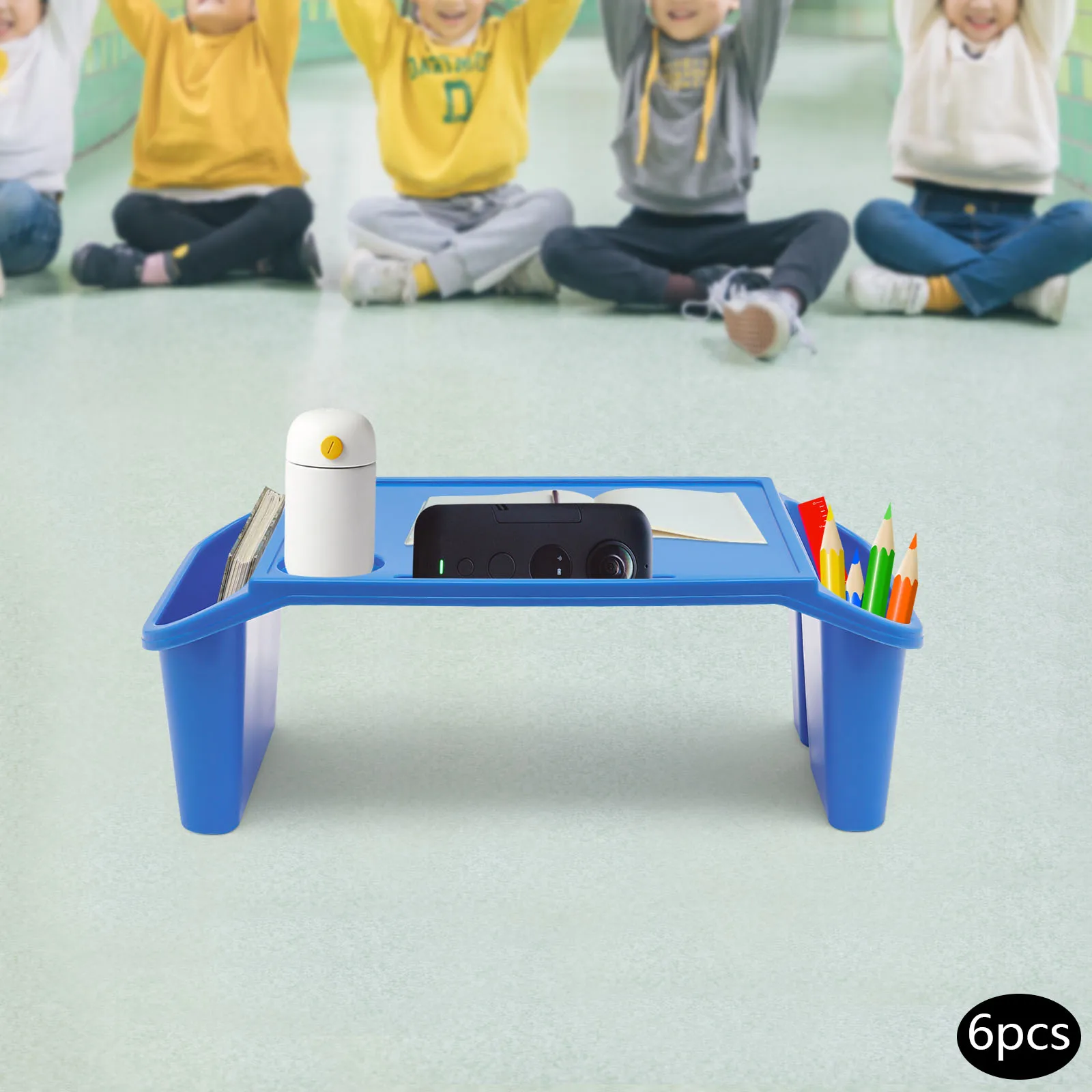 6Pcs Blue Children's Laptop Table with Side Storage Multifunctional Movable Dining Table Used in Kindergartens and Families