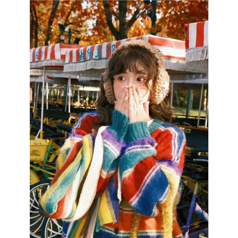 

Japanese Style Cardigan Rainbow Striped Vintage Knit Coatigan Oversized Fall Cover Up