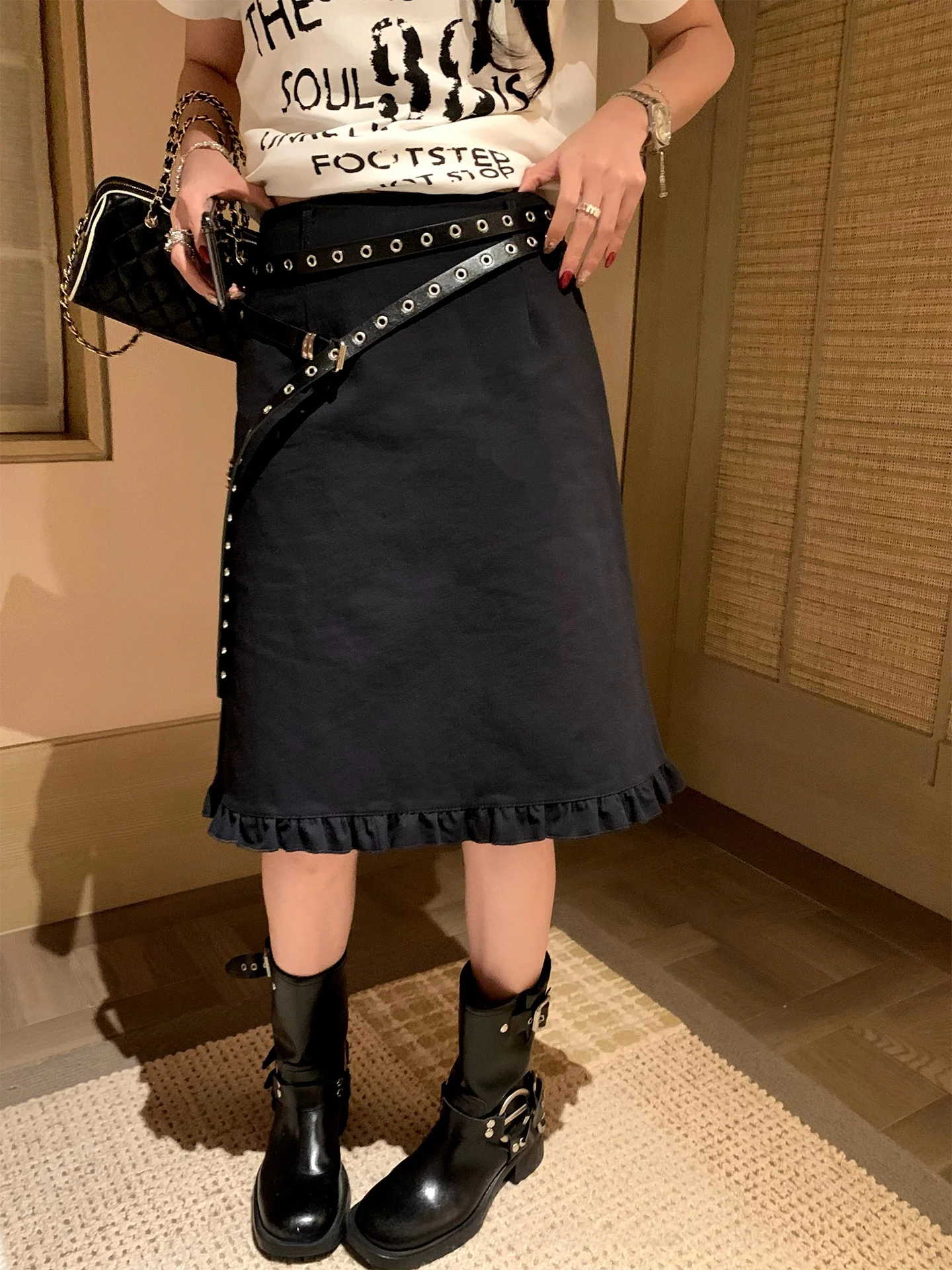 

Black A-Line High Waist Straight Cut Skirt with Wood Grain Ruffle for Women Spring Summer New Style Slimming Versatile Skirt