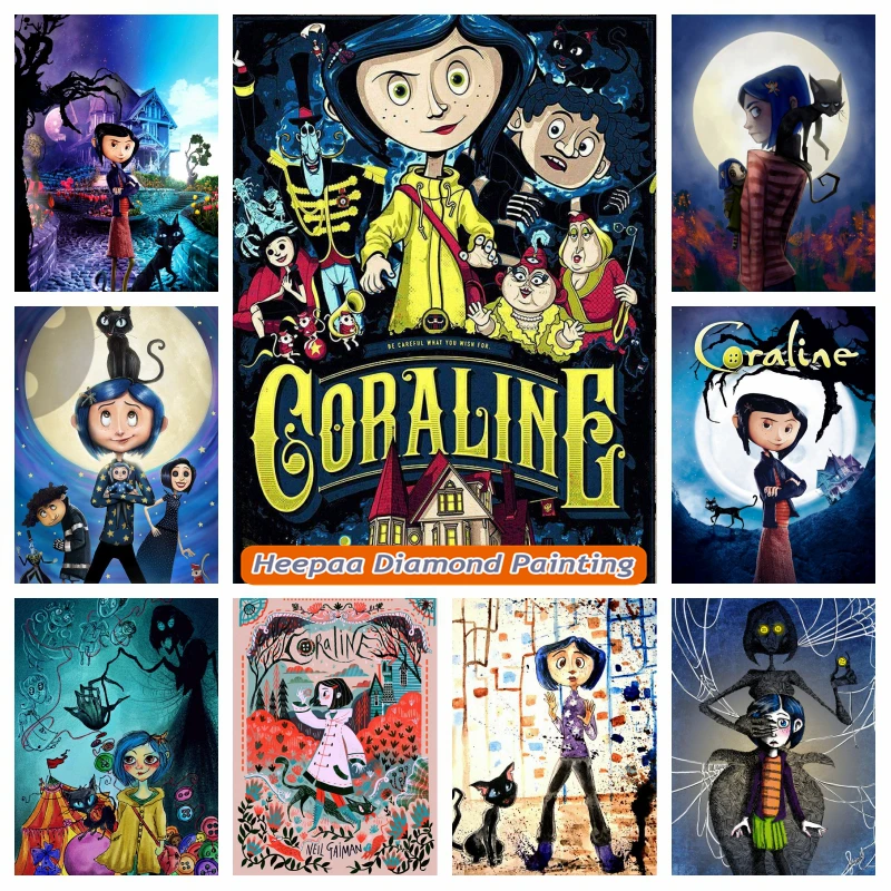 Gothic Coraline 5d Diy Diamond Painting Halloween Movie Fantasy Girl With Black Cat Embroidery Cross Stitch Wall Art Decor Gift