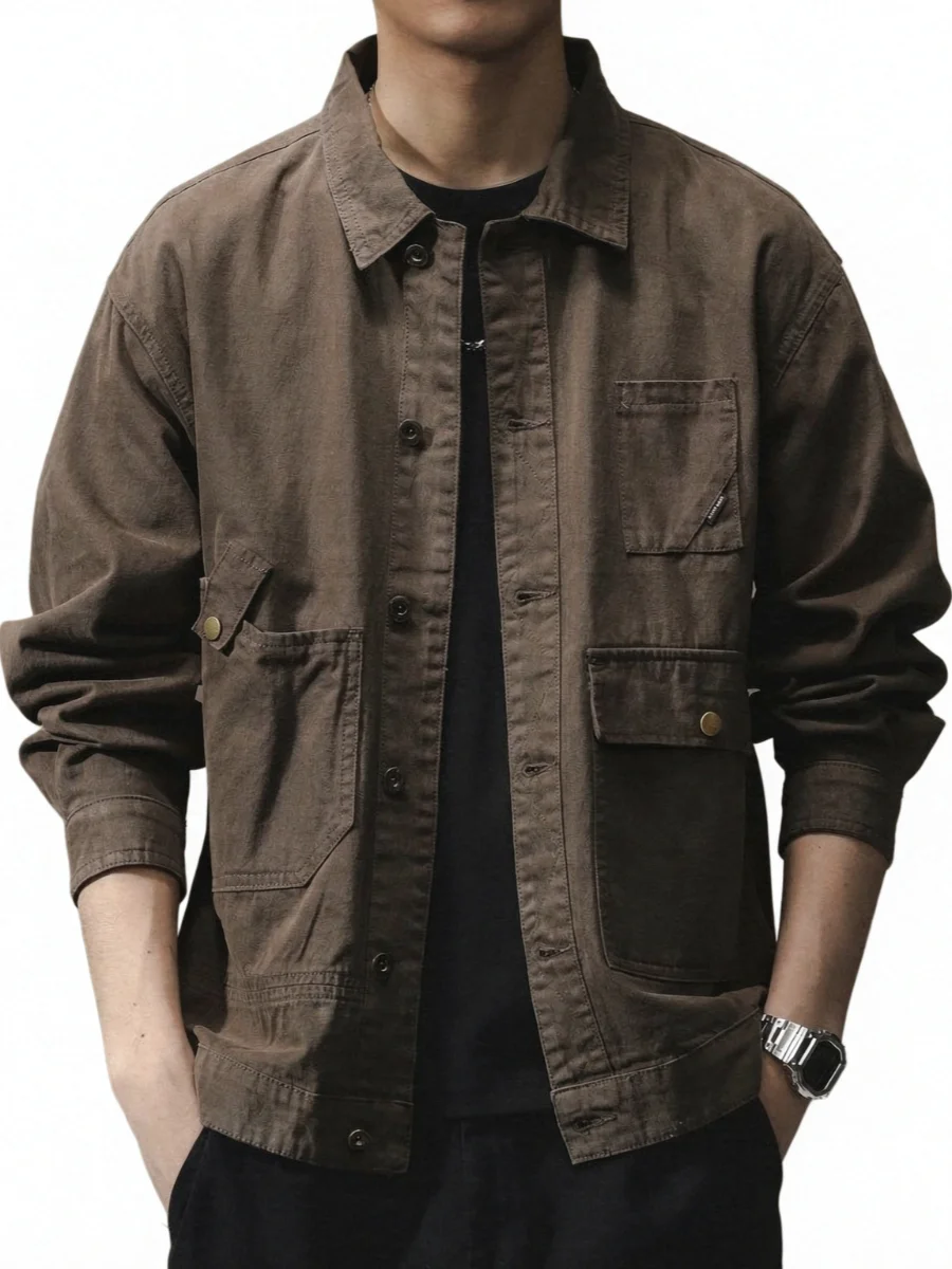 Men's Washed Cargo Jacket Fall Lapel Snap Buttons Multi-pockets Oversized Loose Workwear American Vintage Casual Shirt Coat