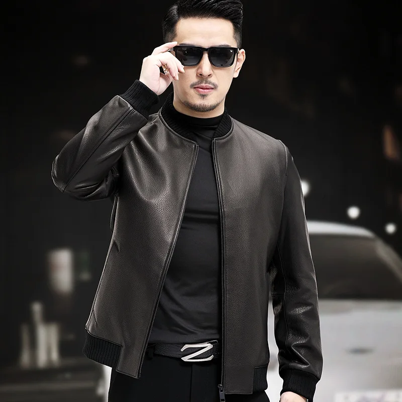 Haining men's genuine leather sheepskin jacket baseball jacket trendy simple jacket