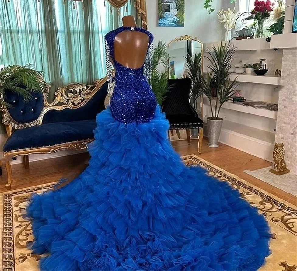 Royal Blue African American Long Prom Dresses For Black Girls Mermaid Sheer Tiered Crystals Elegant Evening Gown Customized